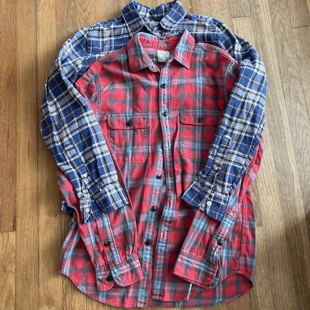 J. Crew Men’s (2) Flannel Shirts SMALL Red Blue Cotton Classic Outdoor